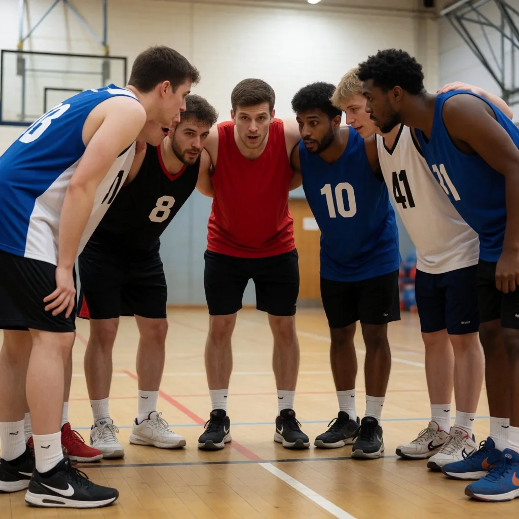 Basketball team huddle during a community match