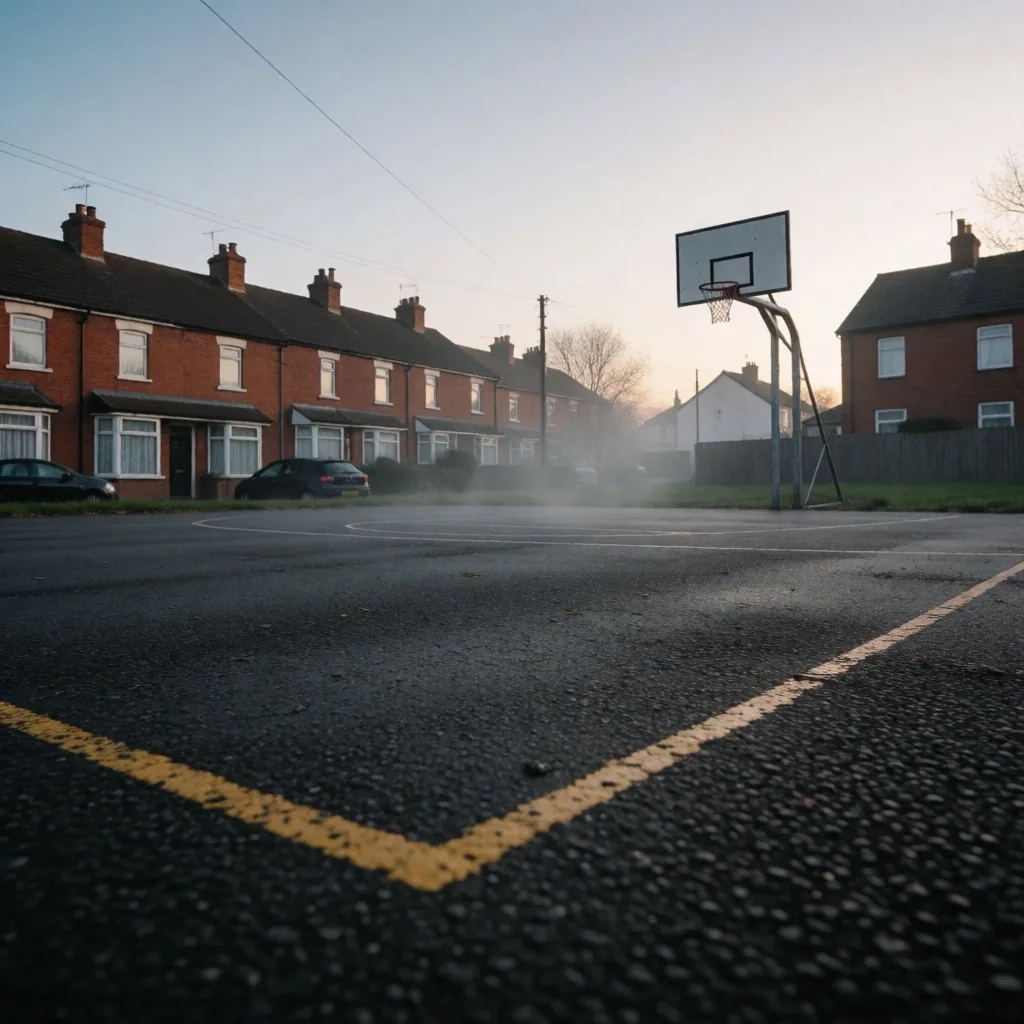 Outdoor basketball court at dusk in Birmingham