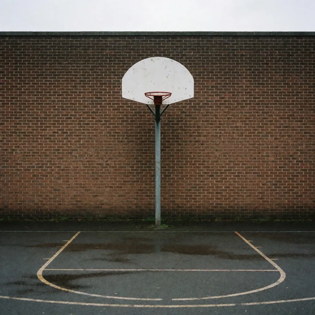 Weathered basketball hoop on a community centre wall