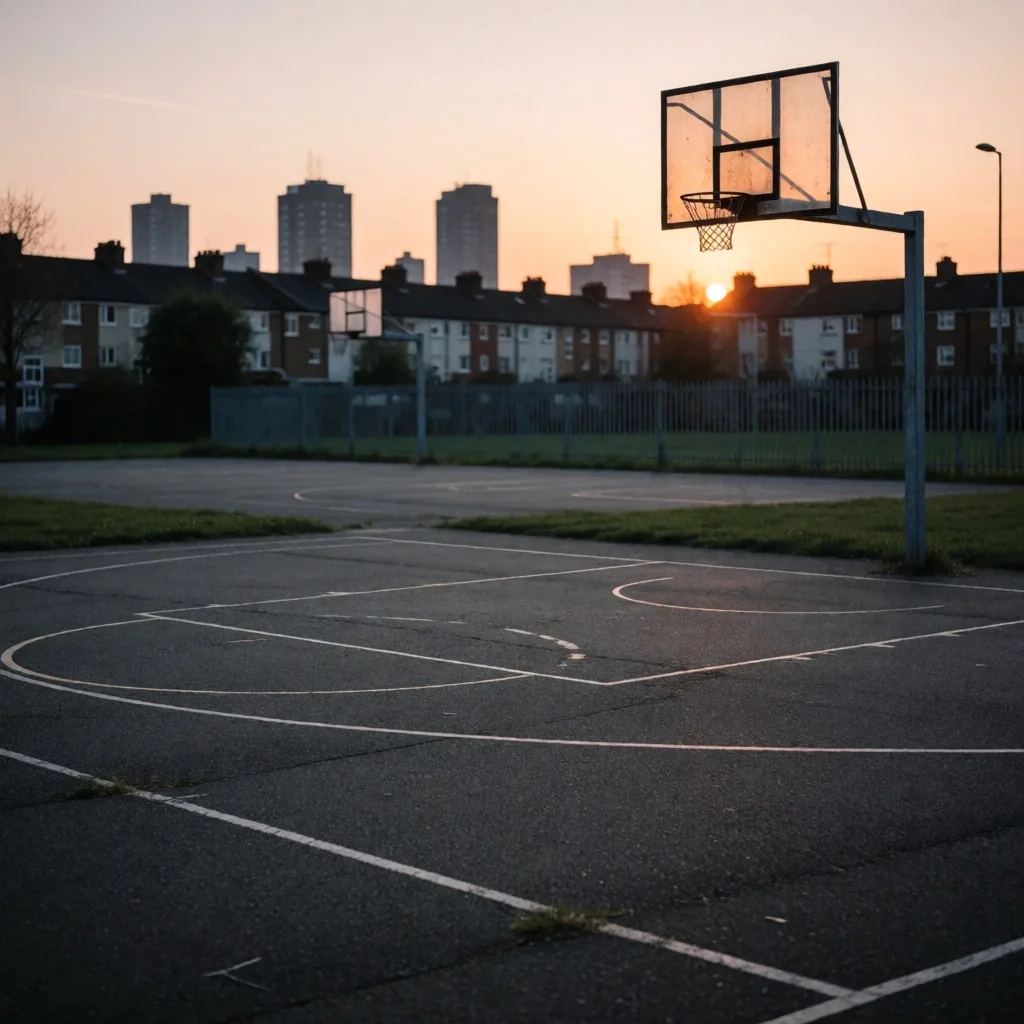 Outdoor community basketball court in the UK at dusk