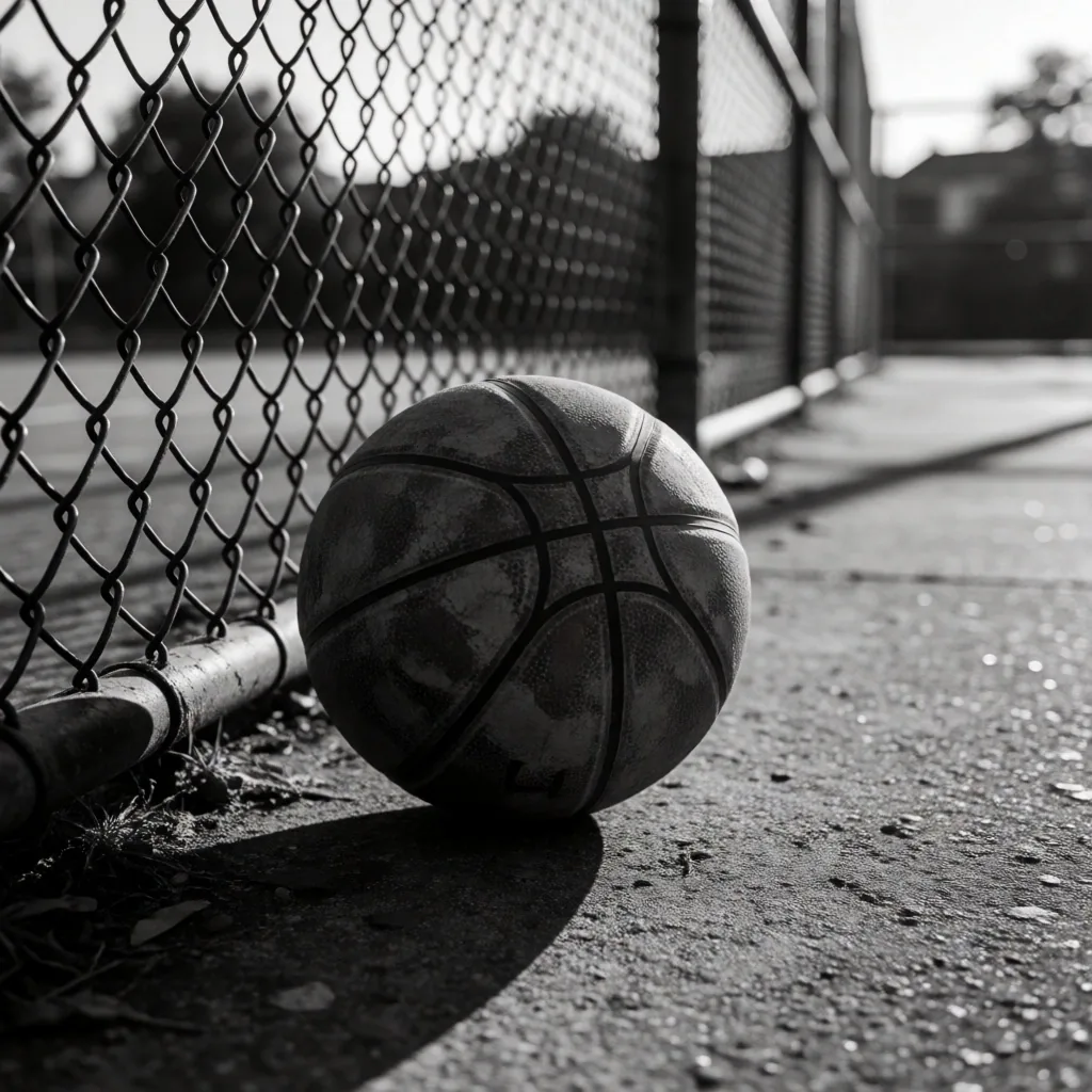 Basketball on worn concrete surface