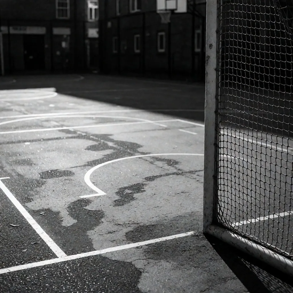 Outdoor community basketball court at dusk