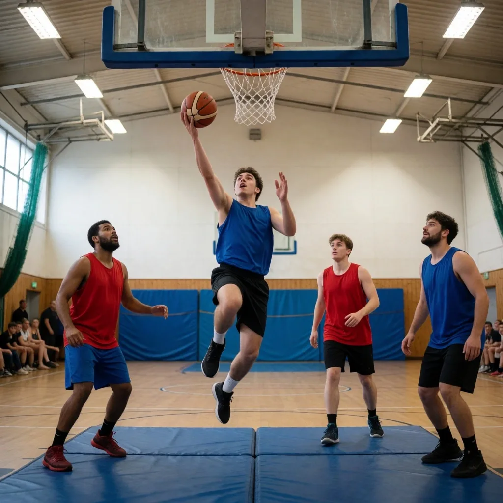 Amateur basketball match inside a British community leisure centre
