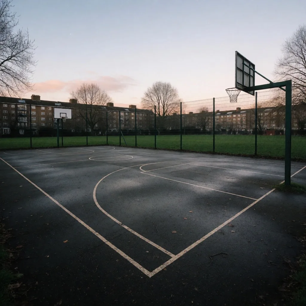 Outdoor concrete basketball court in a British park at dusk