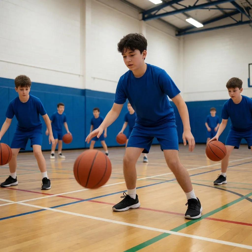 School basketball training session in a British secondary school sports hall