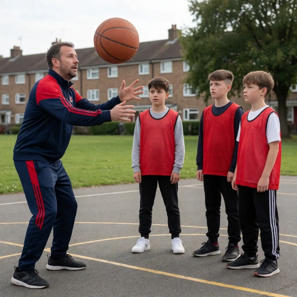 Volunteer basketball coaching session for young players at a British outdoor court