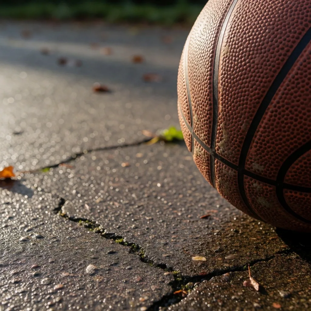 Worn basketball on cracked concrete court surface