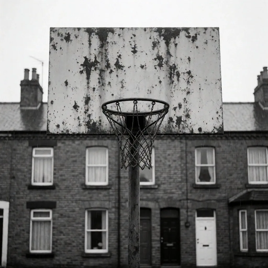 Historic outdoor basketball court in the UK at dusk