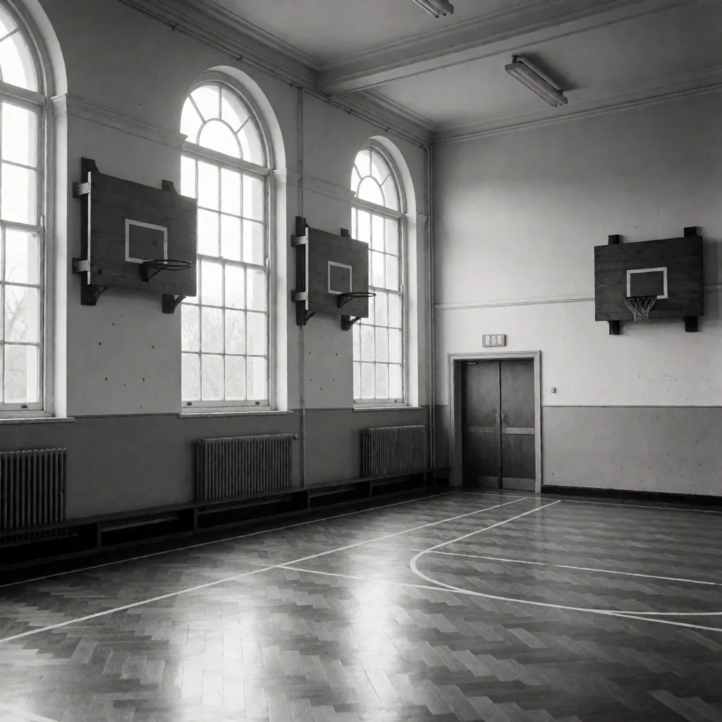 Historic British school gymnasium with vintage basketball hoops