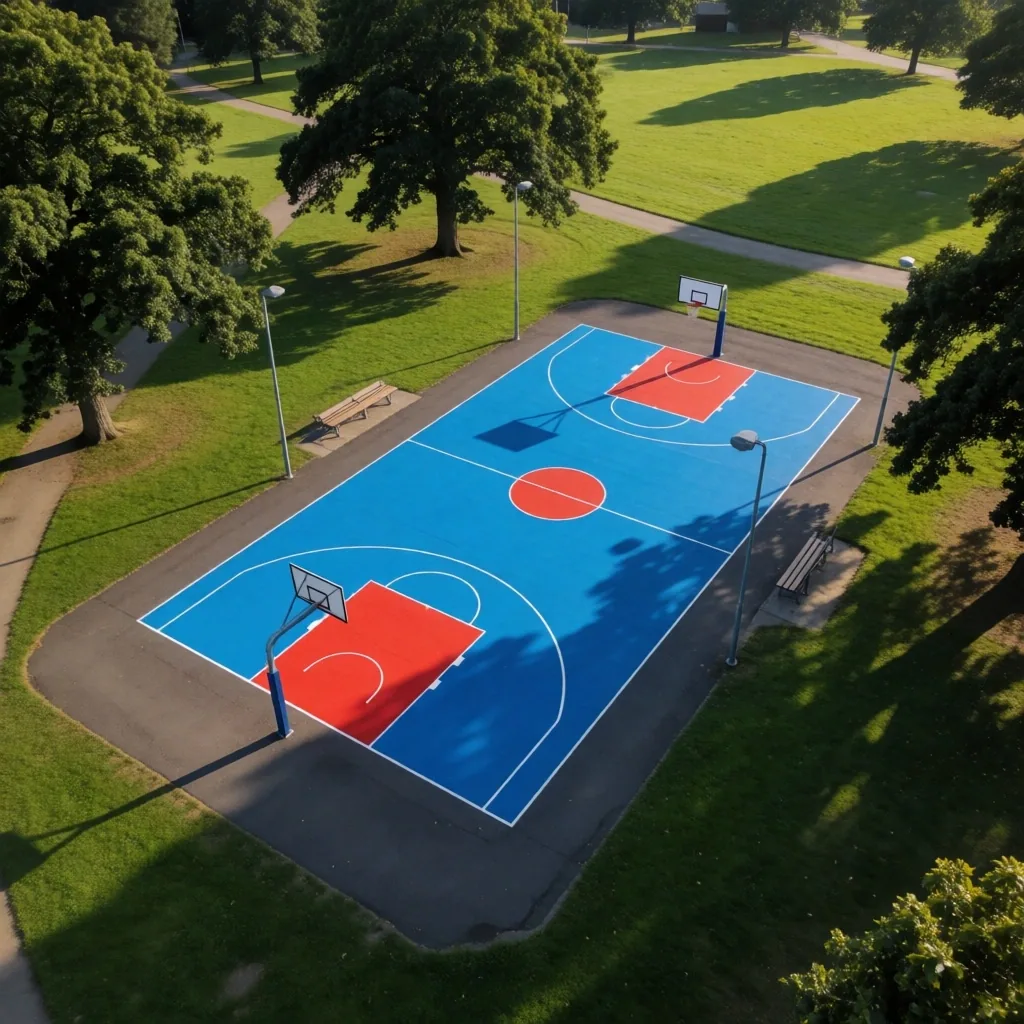 Aerial view of community basketball court in UK park