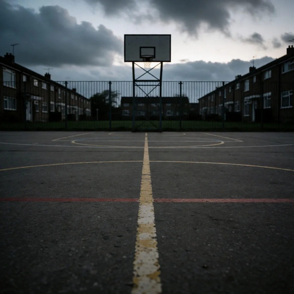 Empty outdoor basketball court at dusk