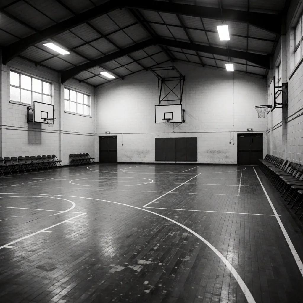 Community sports hall interior in northern England with basketball court markings