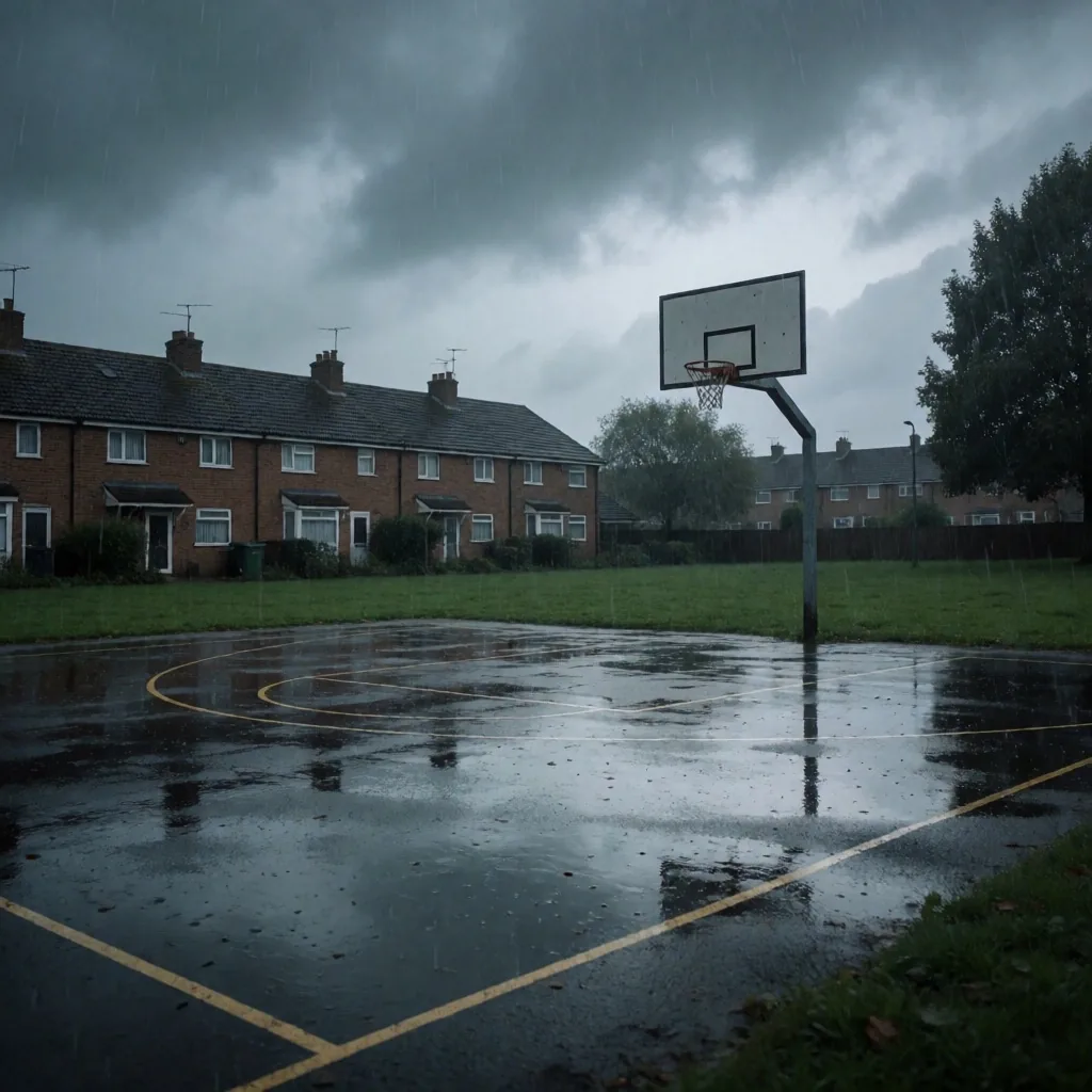 Outdoor community basketball court at dusk in a British town