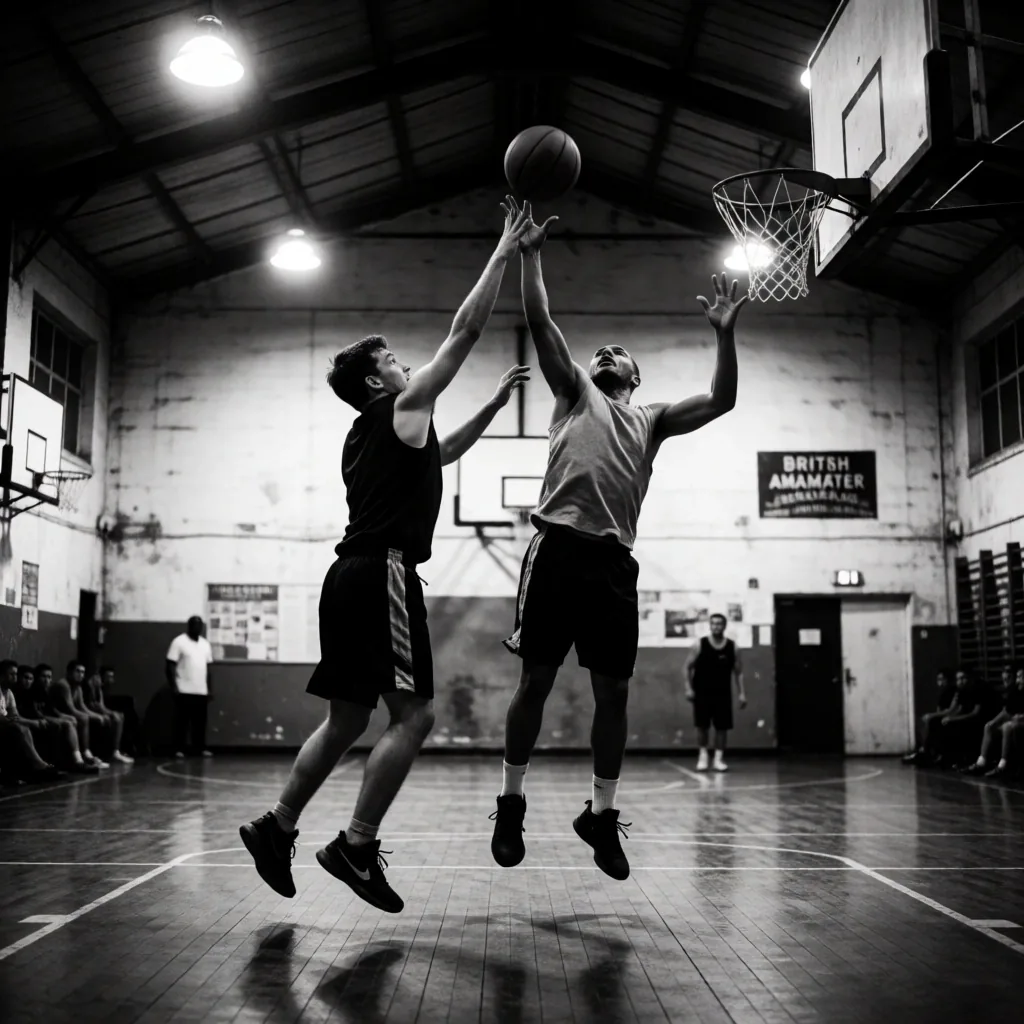 Two amateur basketball players competing on an indoor community court