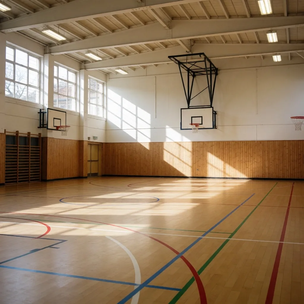 Empty school sports hall with basketball equipment