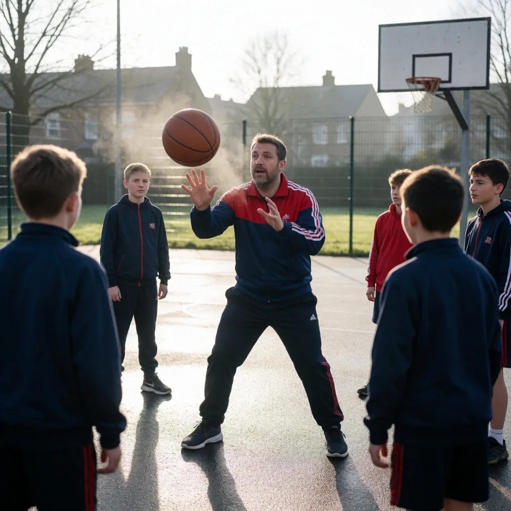 Young basketball players training on an outdoor community court