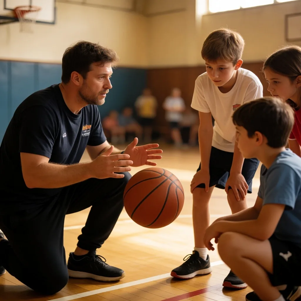Youth basketball coach demonstrating a drill to children