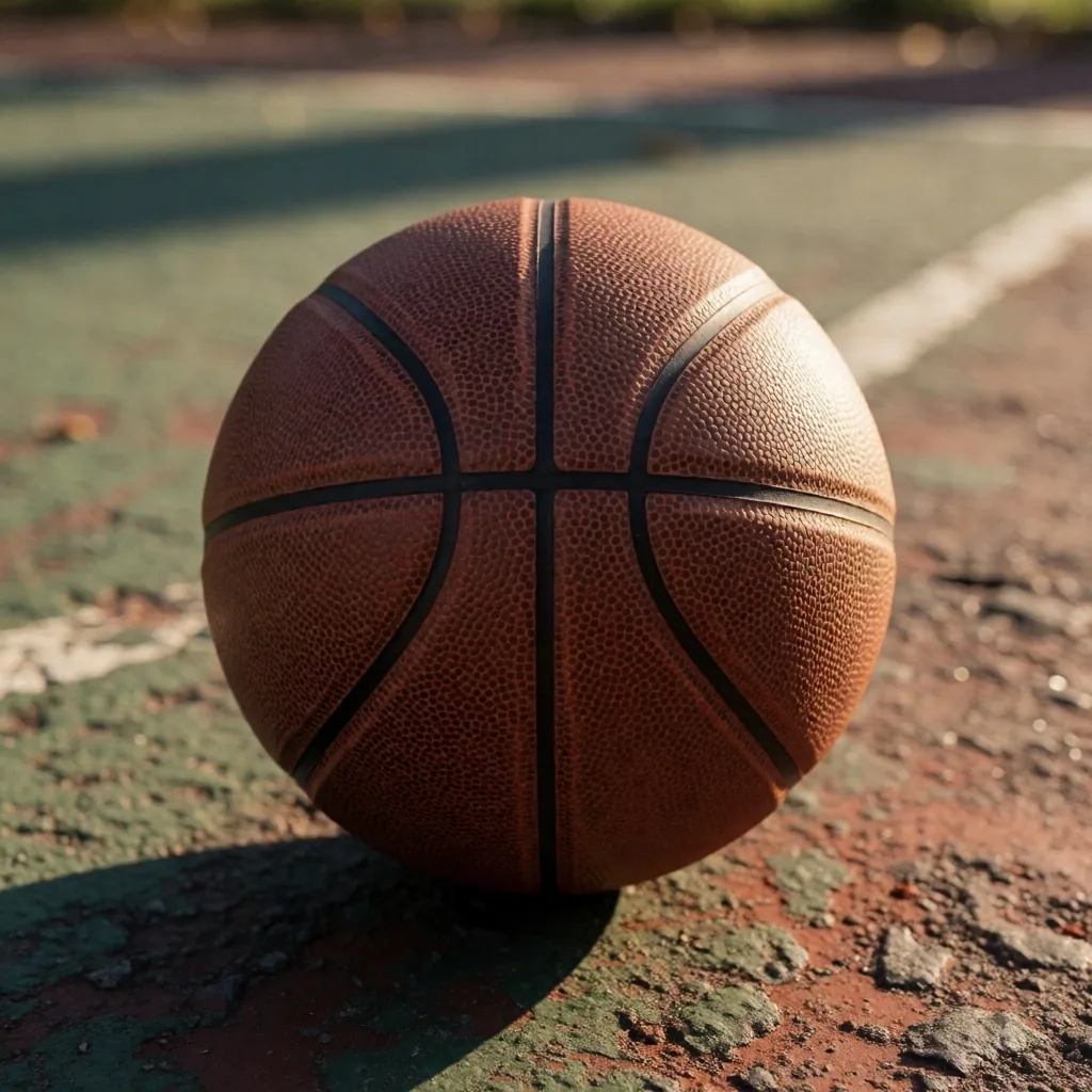 A basketball resting on an outdoor court surface